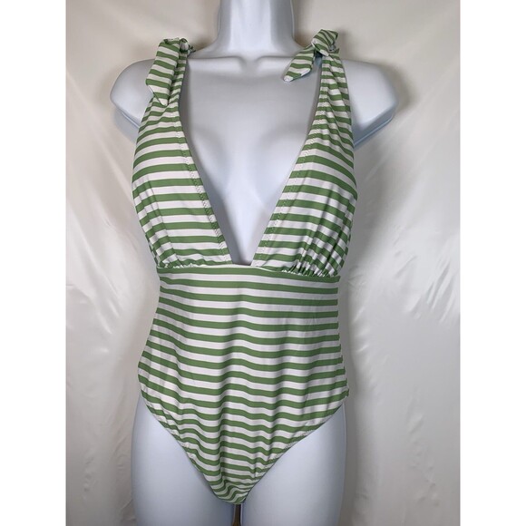 Seaselfie Green White Striped Deep V Neck One Piece Swim Bathing Suit L/XL New - Picture 3 of 5